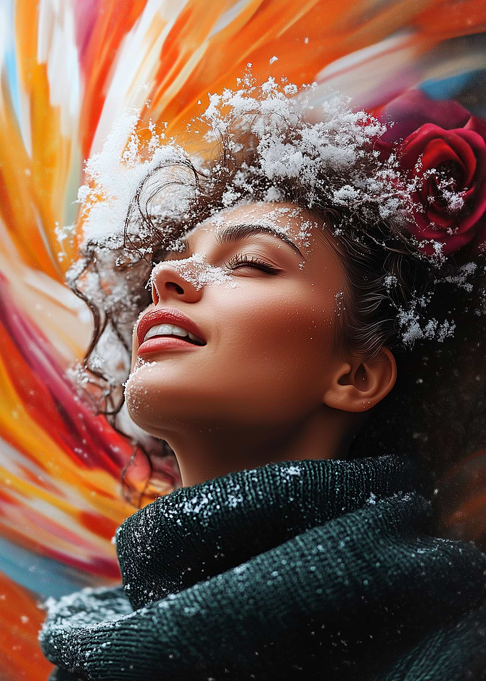 Woman in Snow with Rose