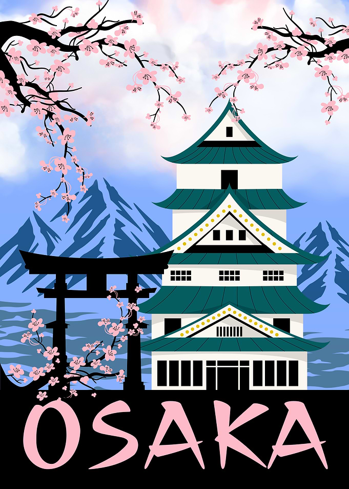 Osaka Japan Cherry Blossom Castle Aesthetic – Vintage Japanese Travel Art