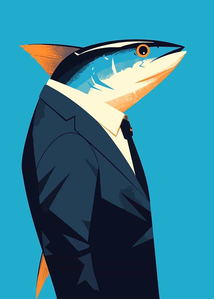 Fish in Suit Funny Minimalist Art Illustration