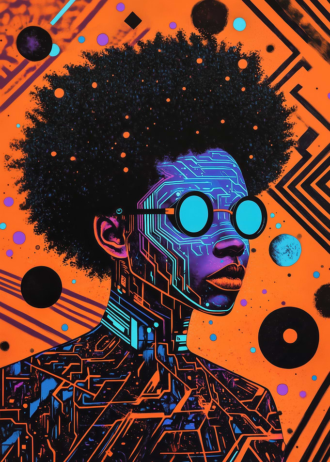 Retro-tech oracle with glowing turquoise vision