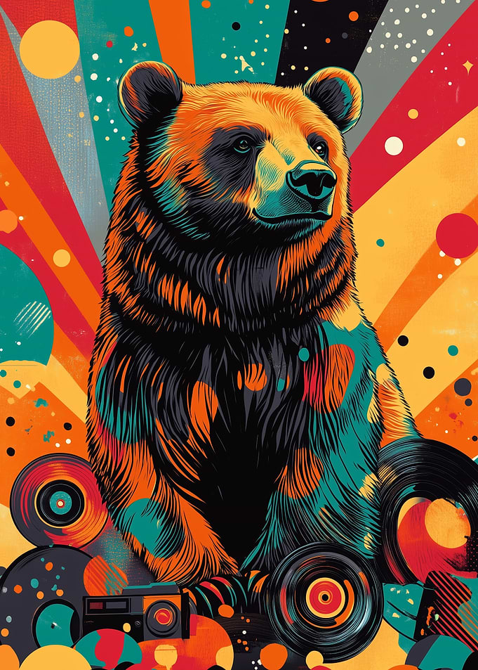 Bear with Vinyl Records | Retro Psychedelic Bear Print