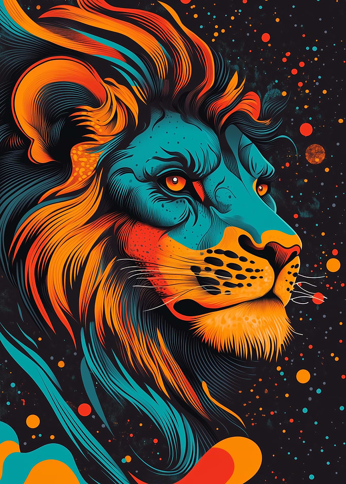 Cosmic Lion Portrait | Neon Jungle King | Psychedelic Lion Portrait