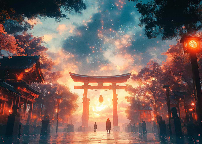 Japanese Temple Gate at Sunset
