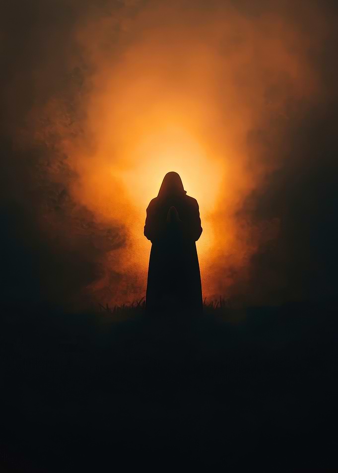 Mystic Hooded Figure in Fiery Fog with Dark Silhouette