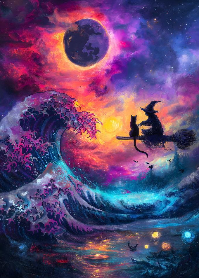 Witch and Cat on a Wave