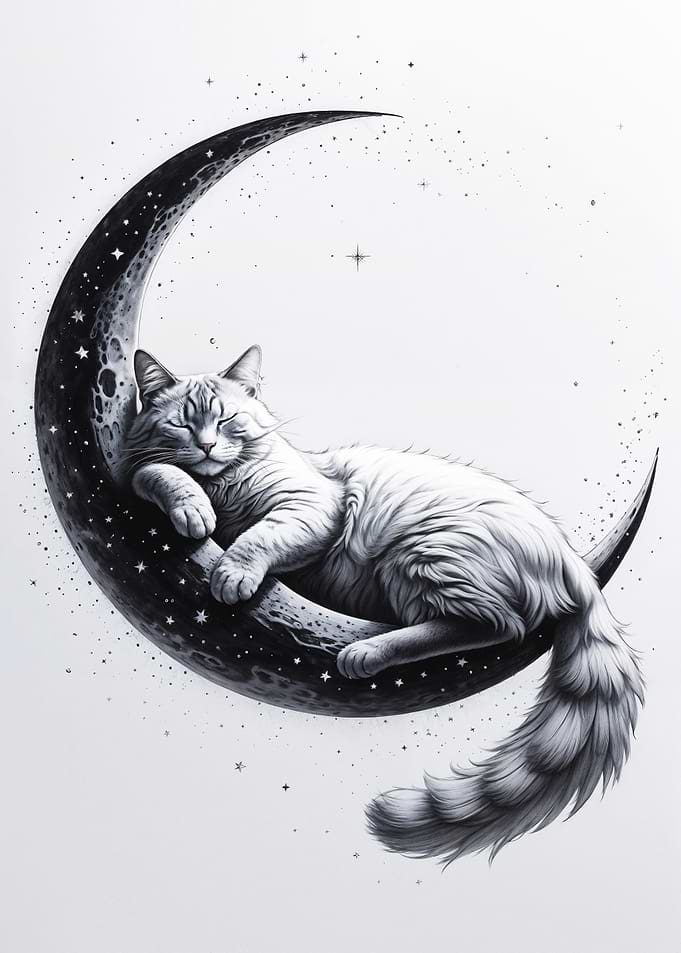 Celestial Slumber: Cat on the Crescent Moon