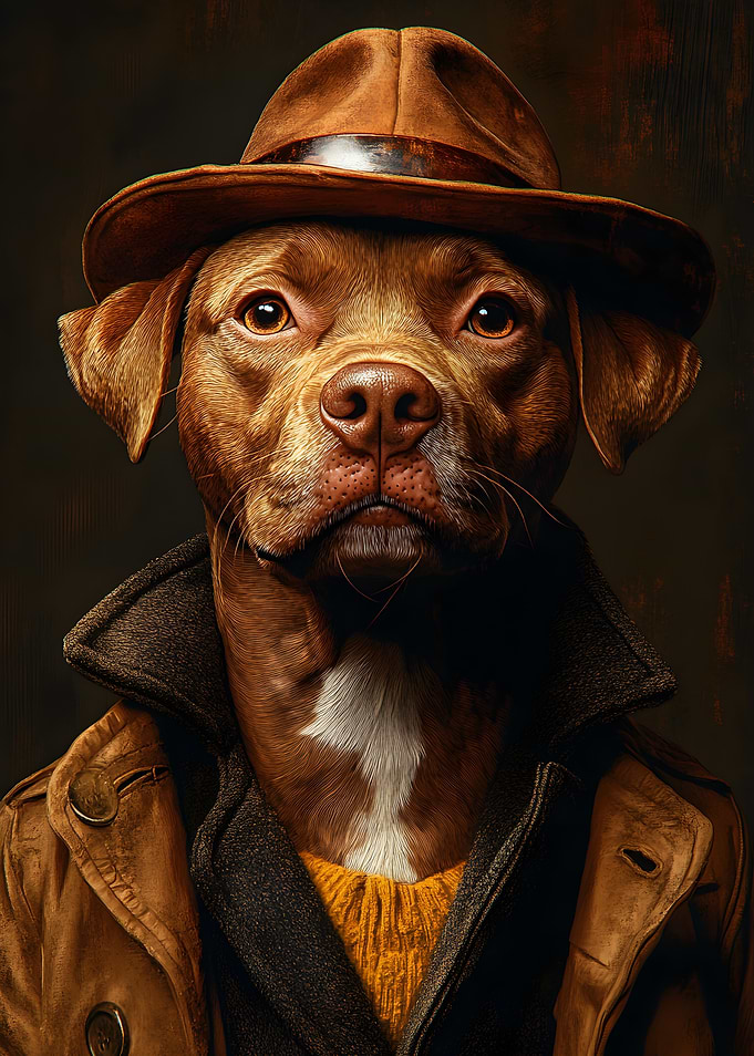 Pit Bull in Trench Coat and Fedora Hat - Vintage Dog Portrait