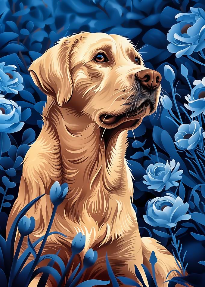 Labrador Retriever in Blue Flowers