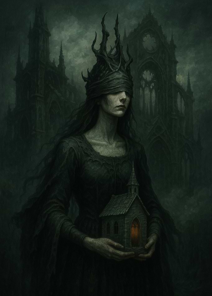 Blindfolded Woman with Church