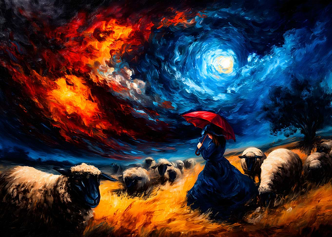 Woman with Umbrella in Stormy Sky