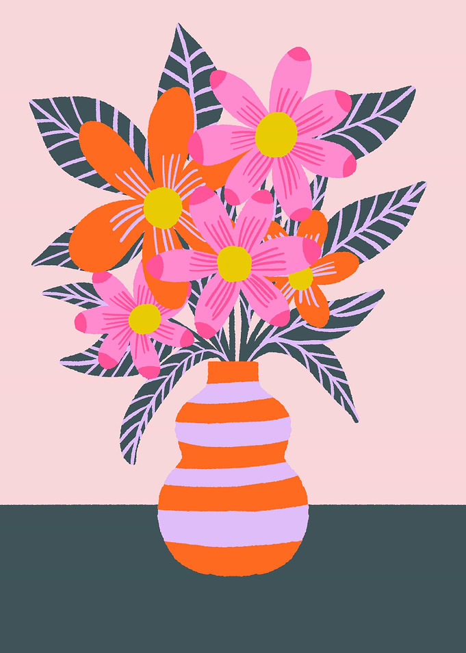 Colorful Floral Bouquet in Striped Vase