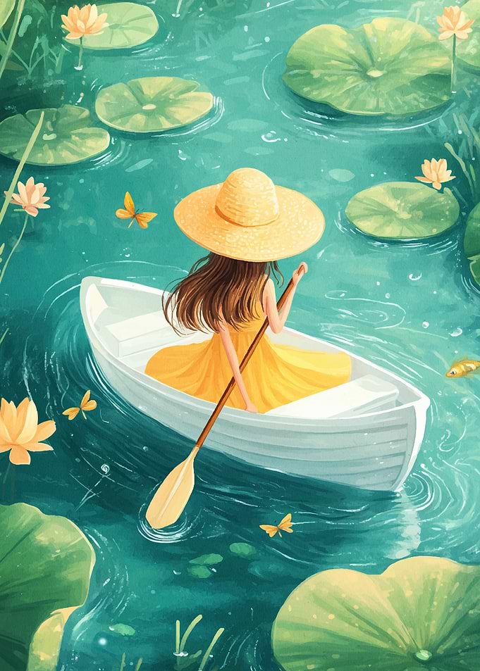 Girl Rowing on a Pond