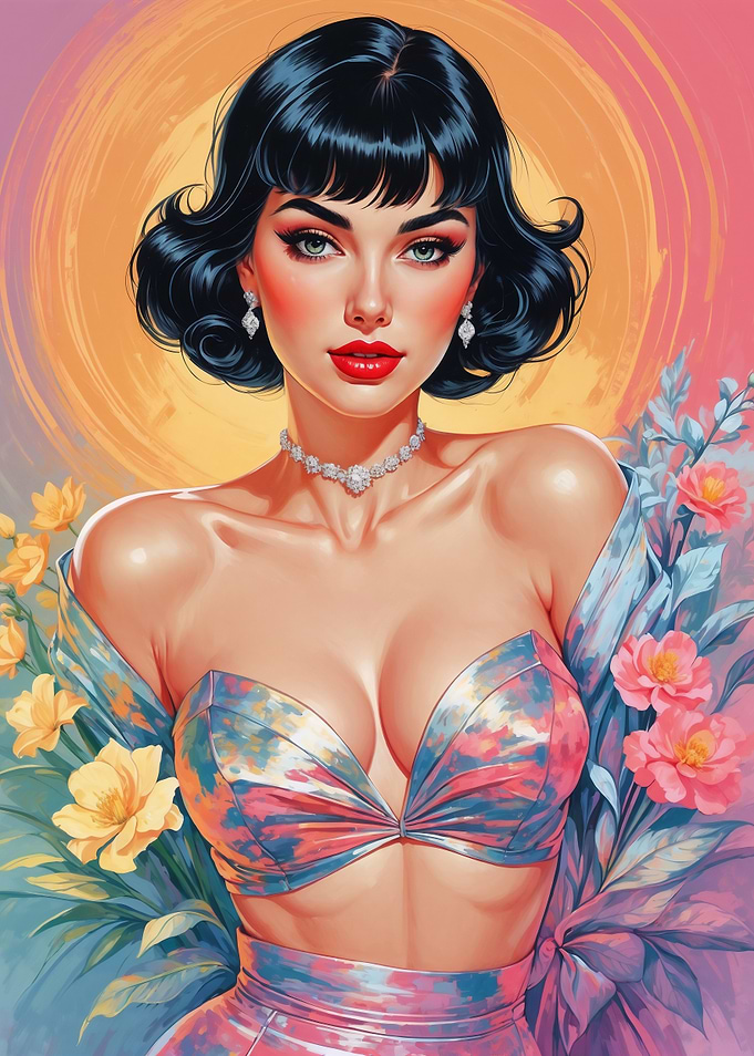 Brunette Pin-up Girl with Flowers