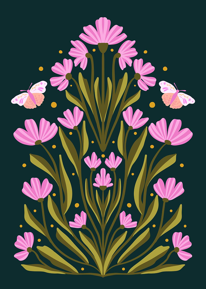 Pink Flowers and Butterflies