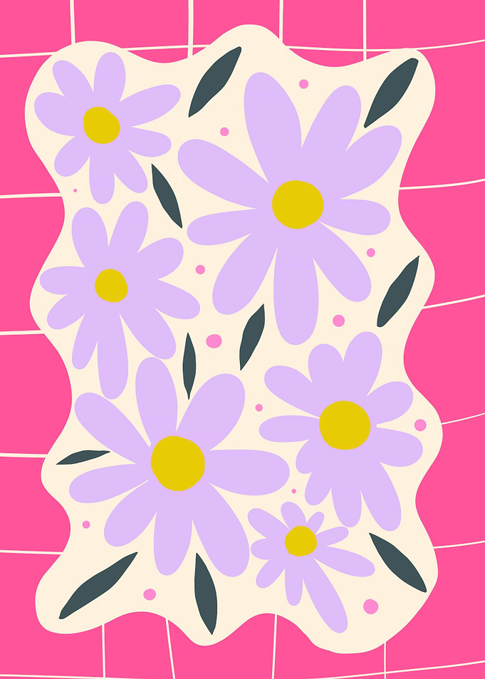 Purple Flowers on Pink Grid