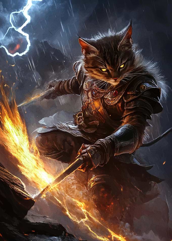 Cat Warrior with Flaming Sword