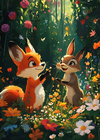 Fox and Rabbit in a Meadow