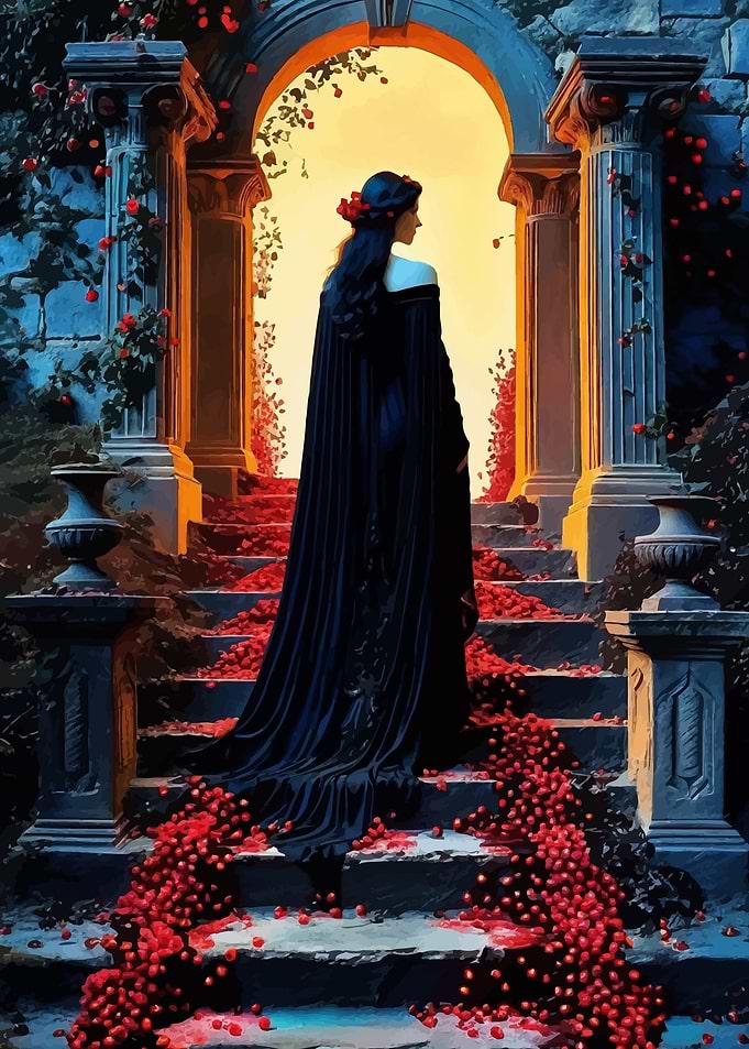 Woman in Black Robe at Archway