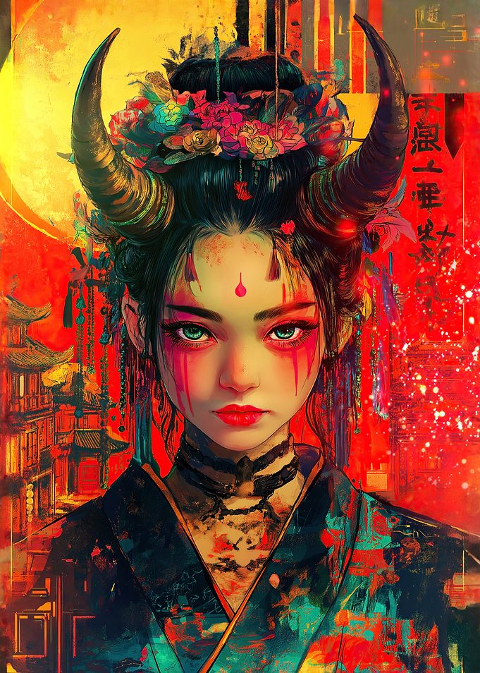 Demon Girl with Horns Japanese Art