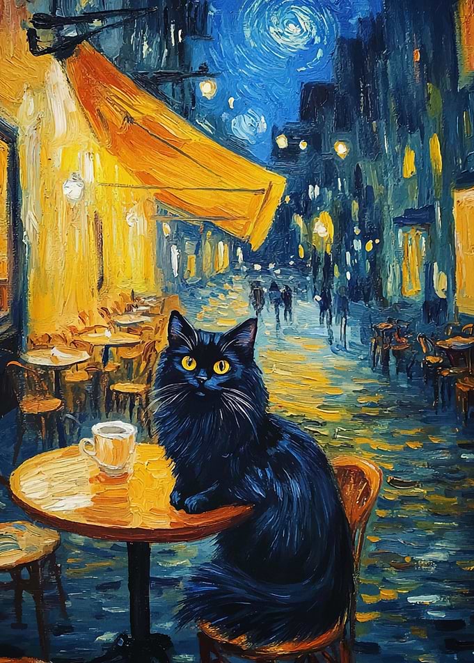 Black Cat at Night Cafe
