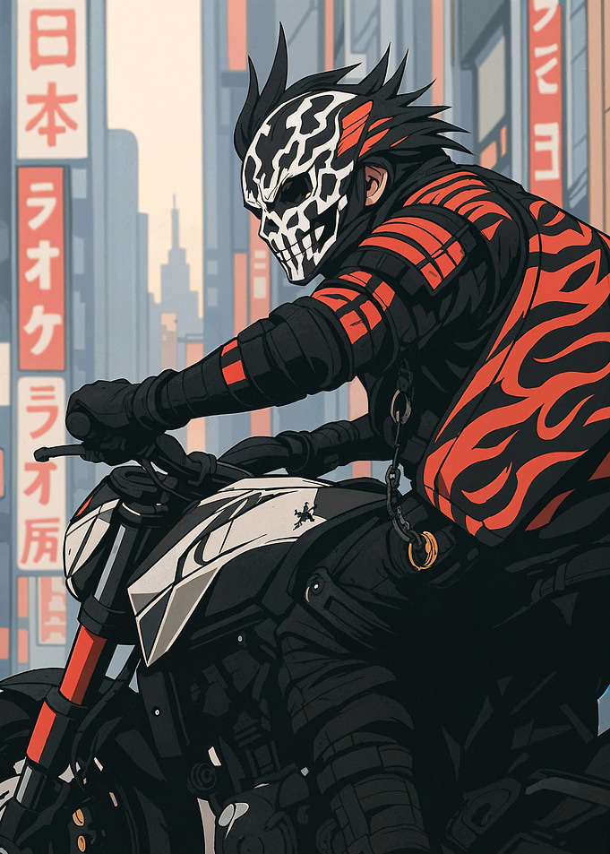 Motorcycle Rider with Skull Mask