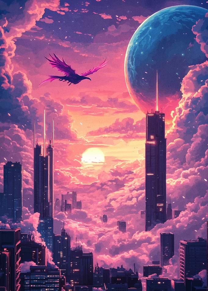 Fantasy Cityscape with Flying Bird