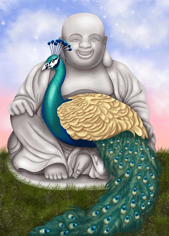 Laughing Buddha and Peacock