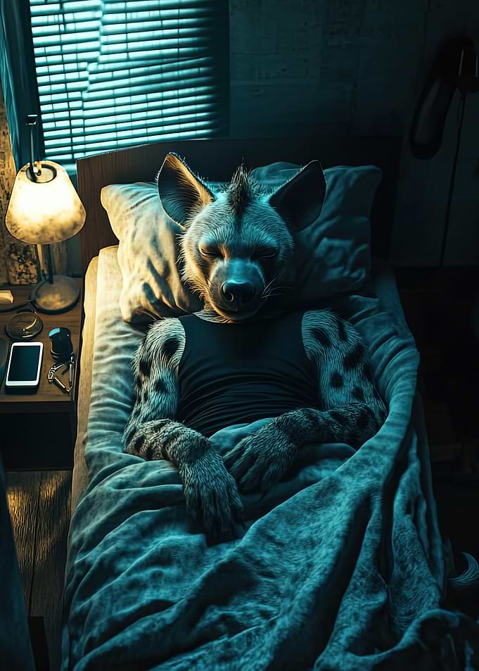 Hyena Sleeping in Bed