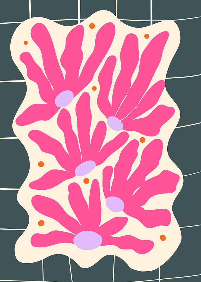 Pink Floral on a green grid