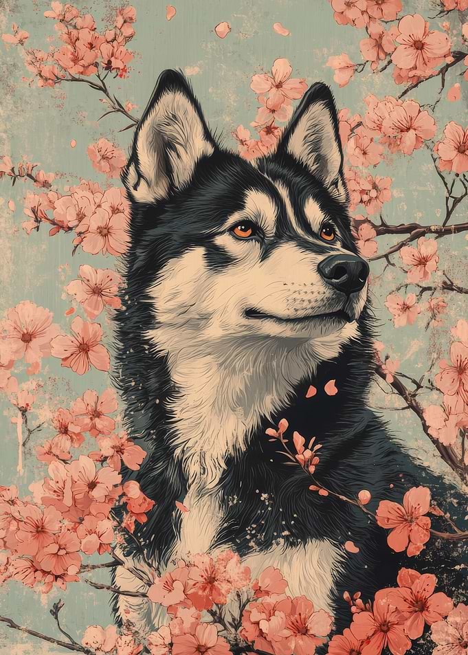 Husky in Cherry Blossoms | Husky Dog Cherry Blossom Floral Art