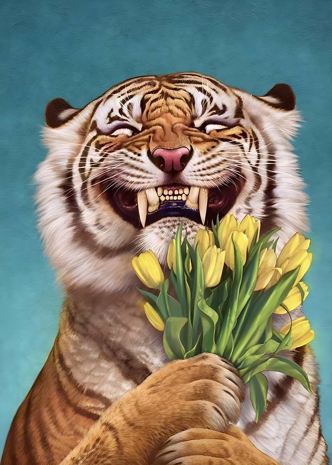 Smiling Tiger with Tulips