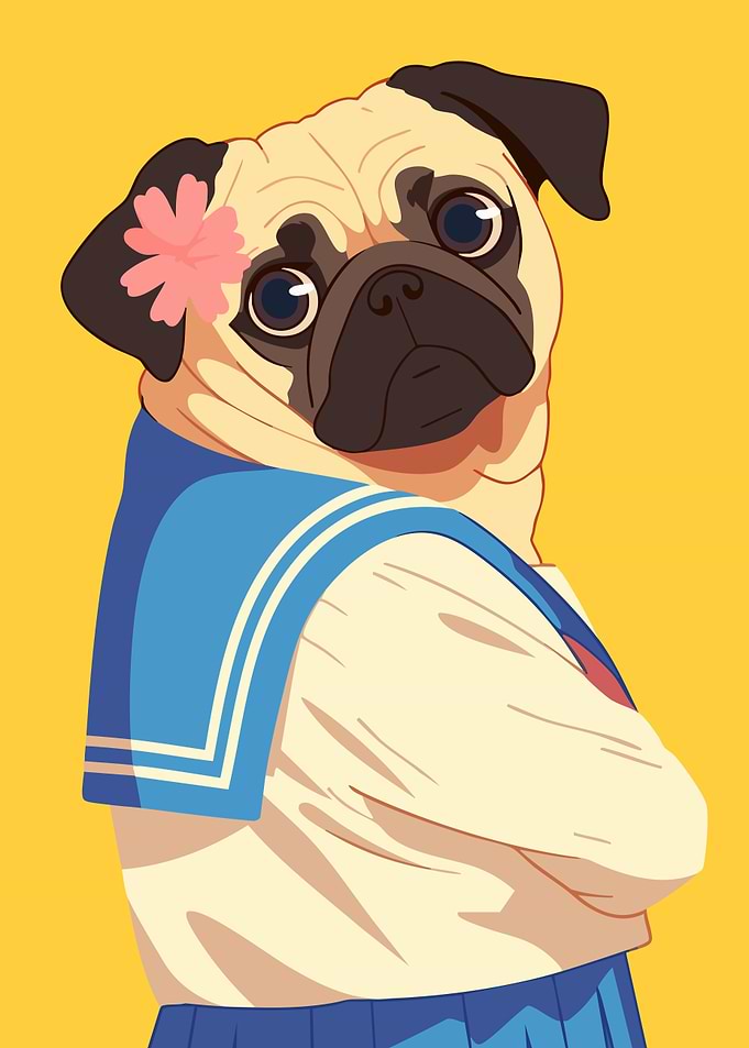 Cute Funny Anime Pug in Uniform Minimalist Art