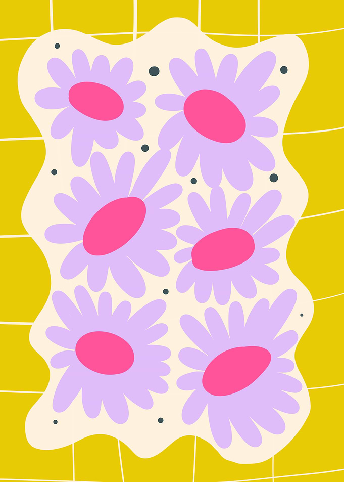 Purple Flowers on Yellow Grid