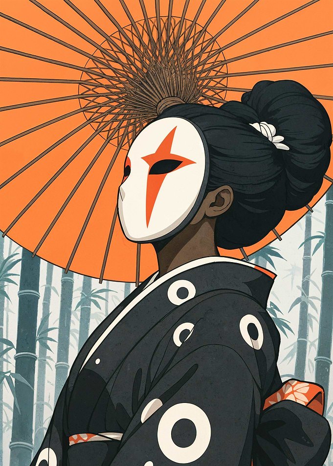 Masked Geisha in Bamboo Forest