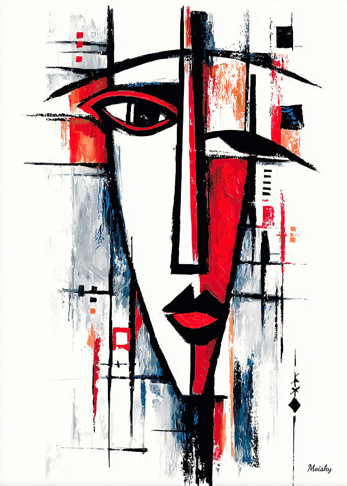 Geometric Abstract Face – Bold Cubist Wall Art in Red and Black