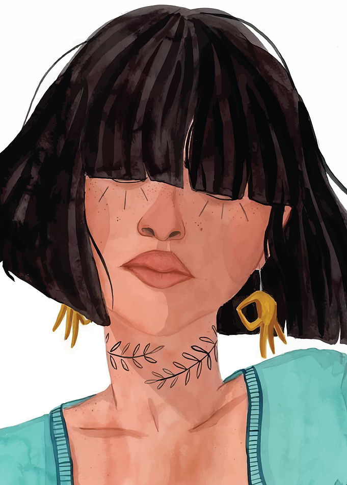 Woman with Black Hair and Gold Earrings