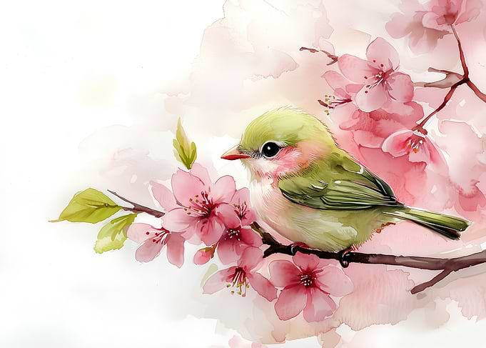 Bird on Cherry Blossom Branch