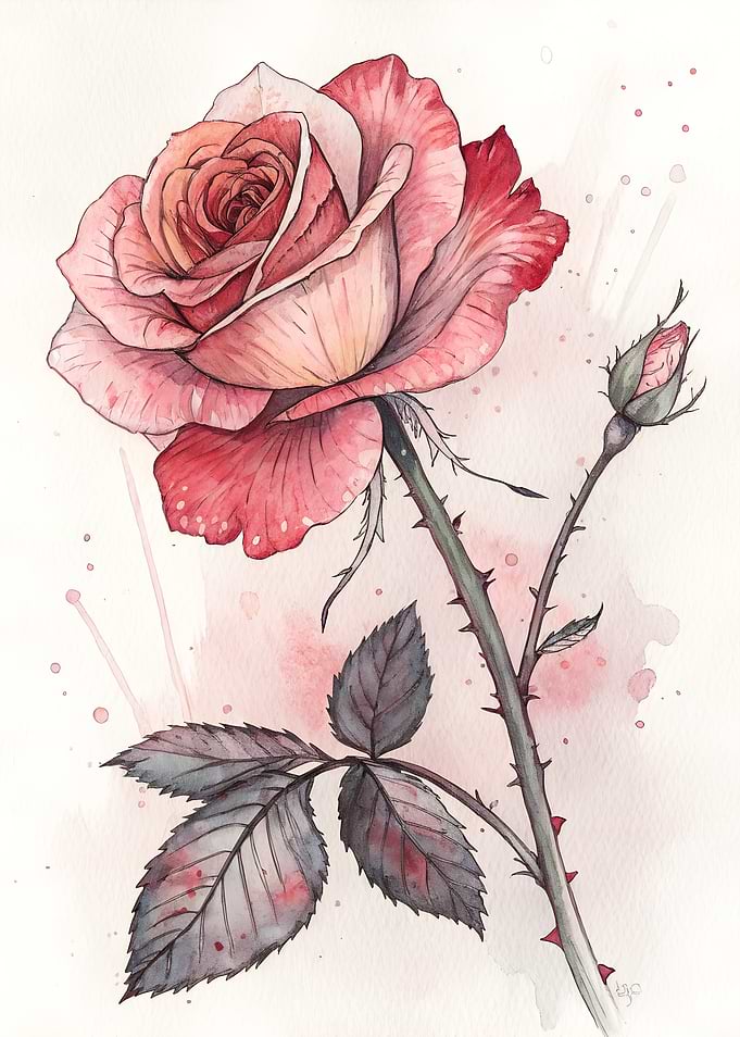 Rose Flower Ink Watercolor Painting Elegant Floral Art