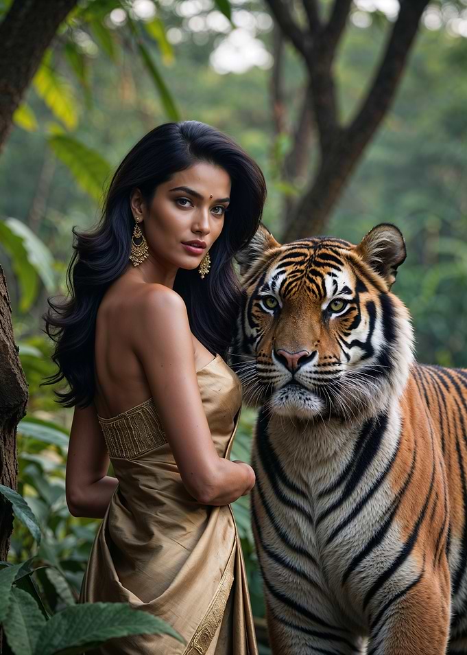 Indian Woman and Bangal Tiger in Jungle