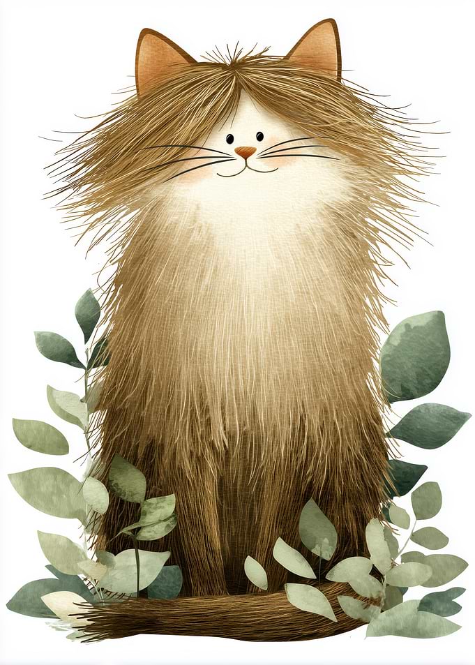 Fluffy Cat with Green Leaves