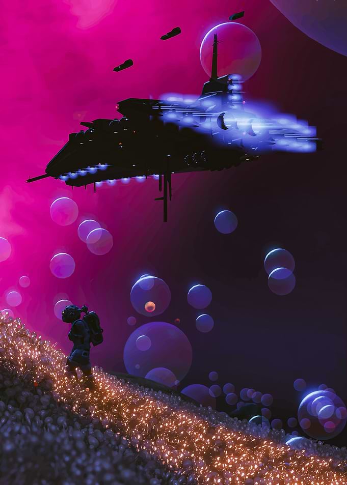 Spaceship Over Alien Landscape