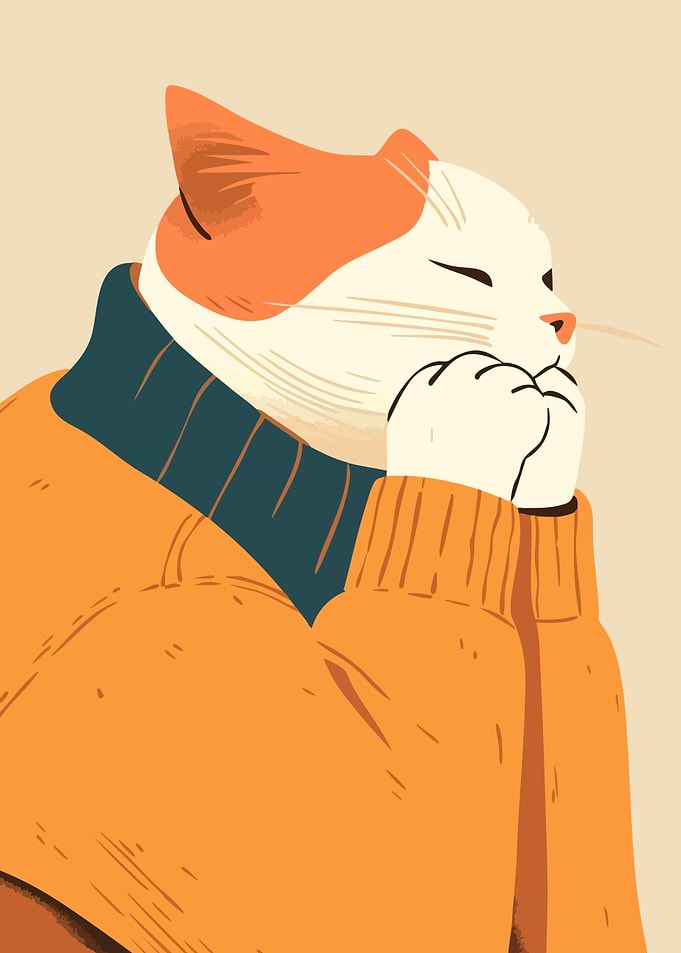 Adorable Cat in Autumn Sweater Boho Minimalist Art illustration