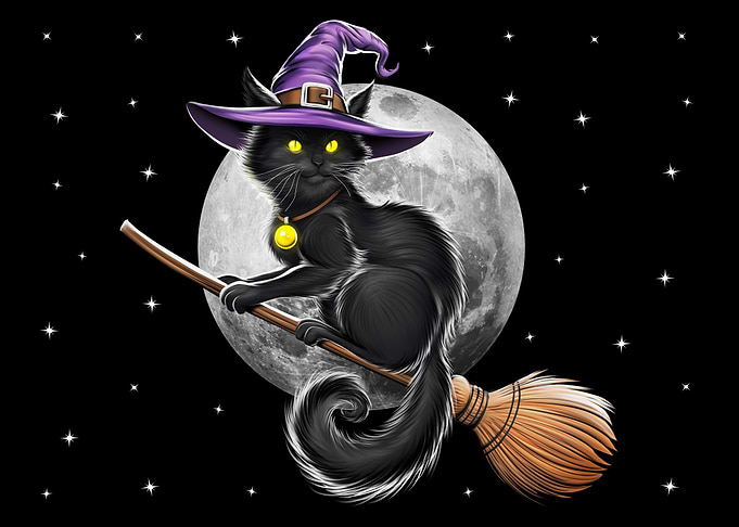 Cat Witch Riding Broom
