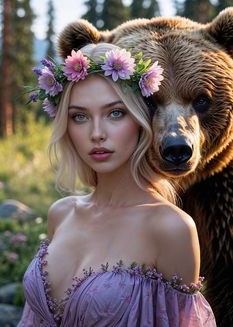 Blonde Woman with Bear and Flower Crown
