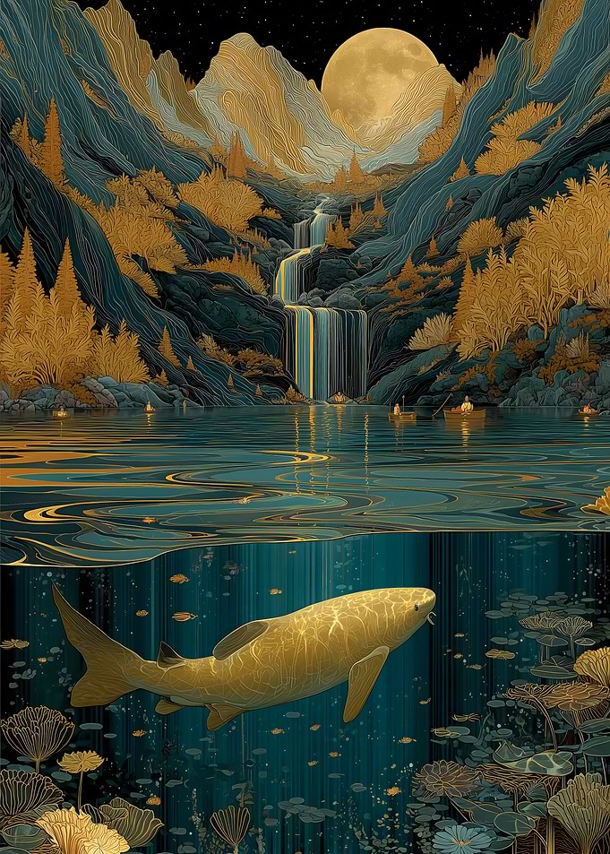 Golden Waterfall & Fish