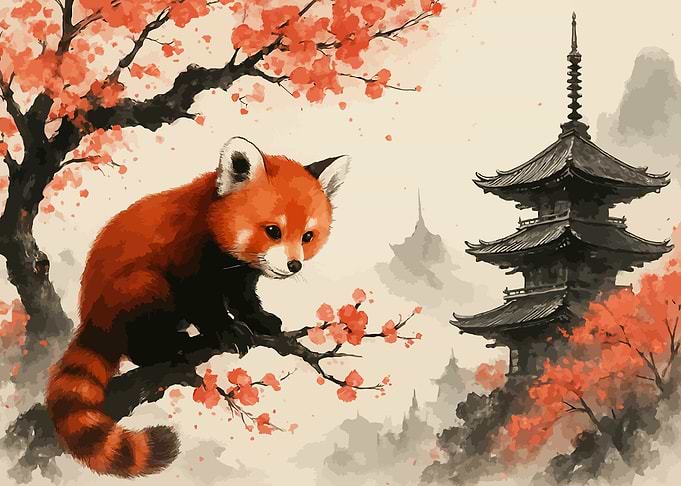 Red Panda in Cherry Blossom