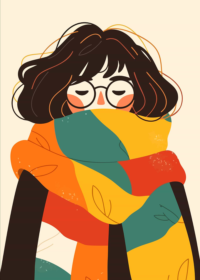 Autumn Girl in Colorful Scarf Minimalist Art Illustration