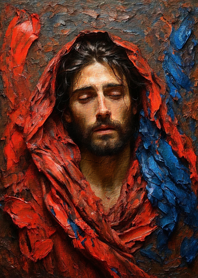 Jesus in Red and Blue Hood