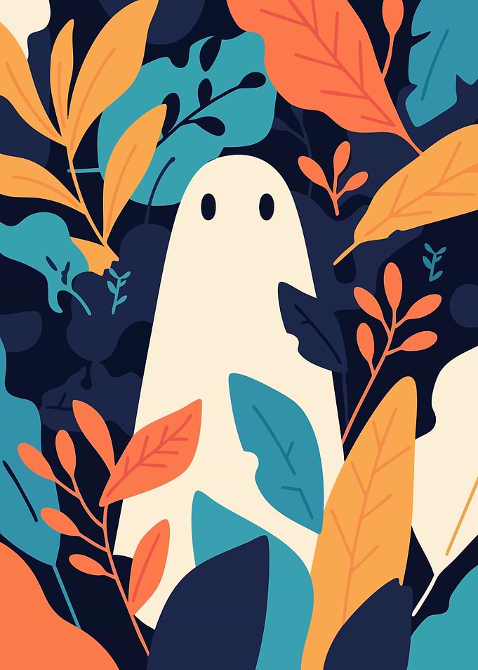 Cute Ghost in Nature Minimalist Art Illustration