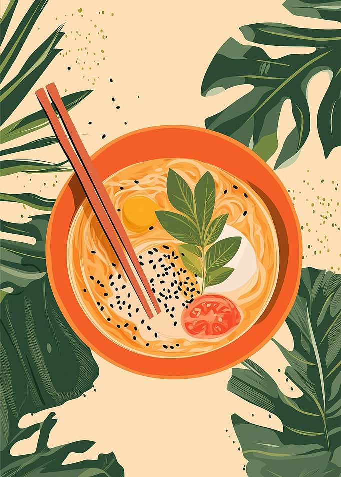 Ramen Bowl with Tropical Leaves